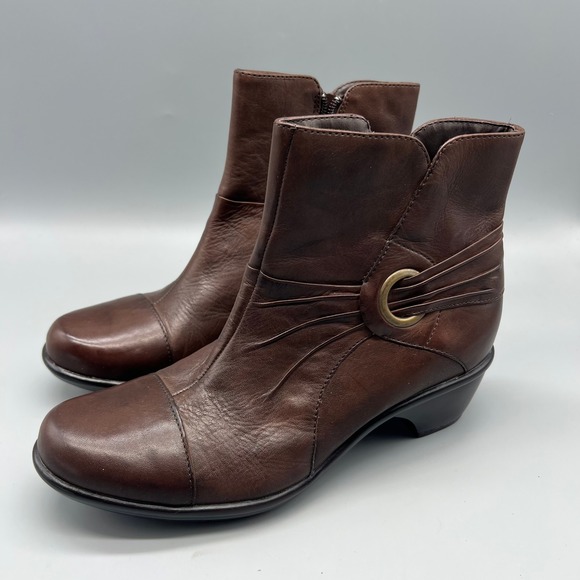Clarks Shoes - Clarks Brown Leather Cap Toe Ankle Boots Ring Detail 80834 Womens‎ 9N